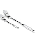 Two Piece Drive 84 Tooth Locking Flex Head Teardrop Ratchet Set For Tight Spots With 9 Locked Angles And Enclosed Head Bright Chrome Finish