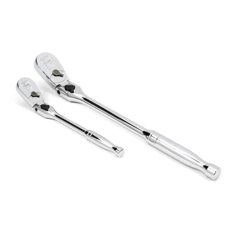 Two Piece Drive 84 Tooth Locking Flex Head Teardrop Ratchet Set For Tight Spots With 9 Locked Angles And Enclosed Head Bright Chrome Finish