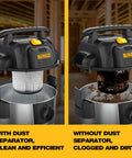 Comparison of shop vac with and without 10 Gallon Stainless Steel Dust Separator With Cyclone Dust Collector 99 Percent Efficiency