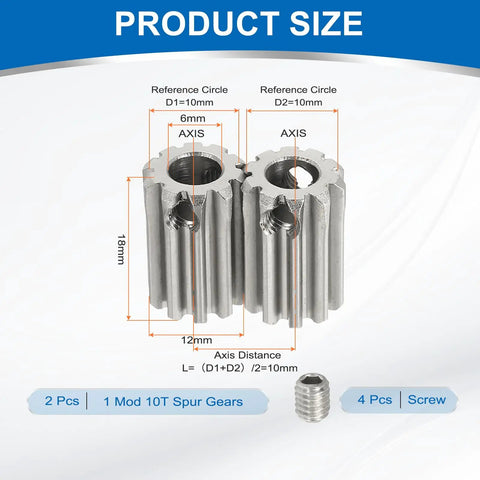 Product size diagram of two pack 10 tooth pinion gear 6mm bore 304 stainless steel 20 degree pressure angle universal mod 1 for spur rack and RC car.