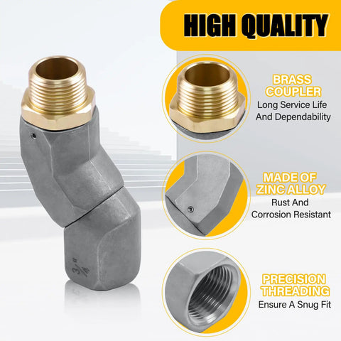 Three Quarter Inch NPT Fuel Hose Swivel With 360 Degree Rotation, Rotating Connector For Fuel Transfer Pumps And Nozzles, Multi Plane Swivel To Prevent Kinking, Safer Easier Fueling And Quick Durable One Piece Build, brass coupler and zinc alloy elbow