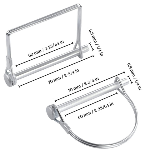 Pack Of Ten Heavy Duty Trailer Pins Two And Three Quarter Inch Long By One Quarter Inch Wide With PTO Pins shown with measurements