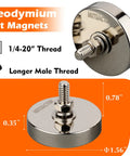 Two Pack Beefy Neodymium Magnets With One Quarter Inch Twenty Threaded Stud 185 Pound Pull Magnetic Mount Heavy Duty Magnets For LED Lighting, Cameras, Tools And Equipment, showing its dimensions and thread detail.