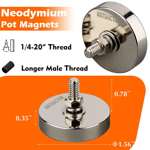 Two Pack Beefy Neodymium Magnets With One Quarter Inch Twenty Threaded Stud 185 Pound Pull Magnetic Mount Heavy Duty Magnets For LED Lighting, Cameras, Tools And Equipment, showing its dimensions and thread detail.