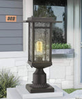 Dusk To Dawn Outdoor Post Light Set, 21-Inch Pier Mount Lantern in oil rubbed bronze on stone base, craftsman style