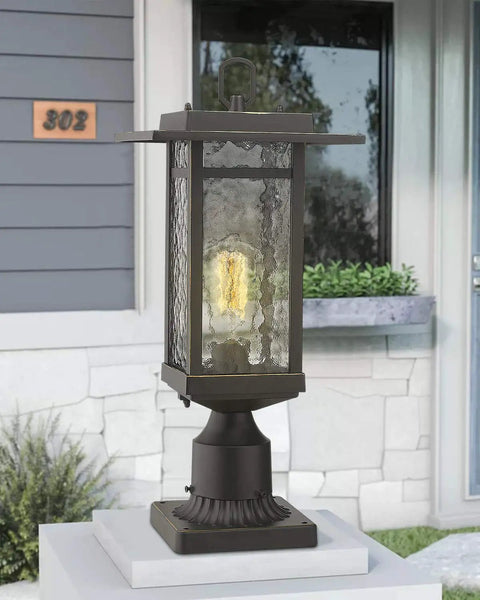 Dusk To Dawn Outdoor Post Light Set, 21-Inch Pier Mount Lantern in oil rubbed bronze on stone base, craftsman style
