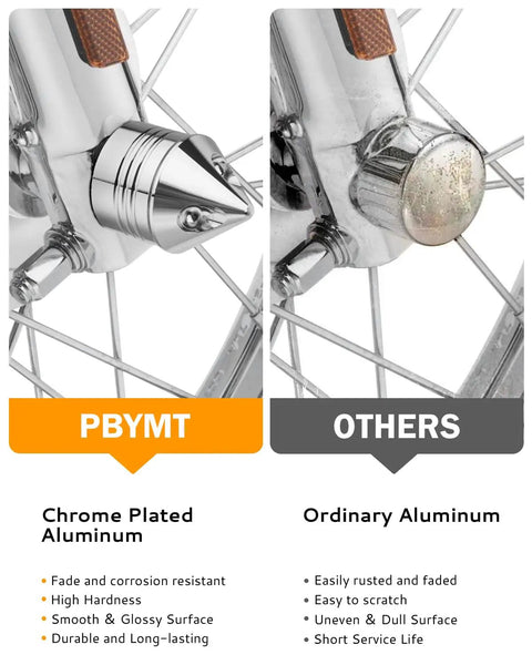 Comparison of polished chrome front axle nut cover cap CNC aluminum for Harley Davidson with ordinary aluminum cap.