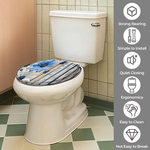 Toilet Seat Round Resin for Bathroom with floral design, fitting standard toilet sizes, showcasing strong bearing and quiet closing features.