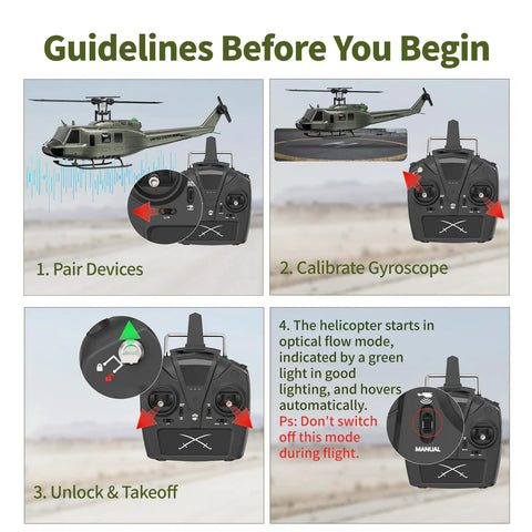 UH-1 Huey RC Helicopter With Auto Hover Dope Collectible 1/27 Scale Desk Model setup guide showing remote control steps.