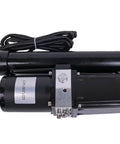 12V DC hydraulic linear actuator in black with mounting bracket and wiring (side view)