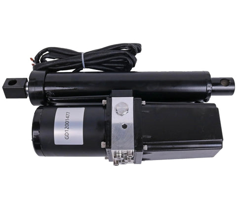 12V DC hydraulic linear actuator in black with mounting bracket and wiring (side view)