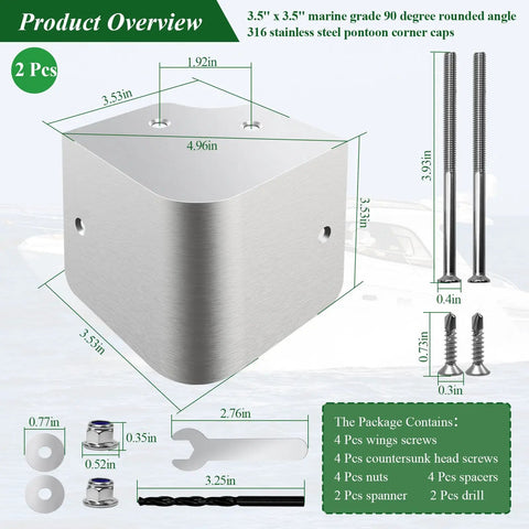 3.5 x 3.5 marine grade 90 degree rounded angle 316 stainless steel pontoon corner caps with package contents and dimensions