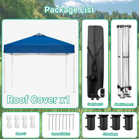 Blue 10x10Ft Pop Up Canopy Tent With Easy Setup Portable Outdoor Gazebo Shelter Sun Shade With Wheeled Carry Bag Sandbags shown in parts