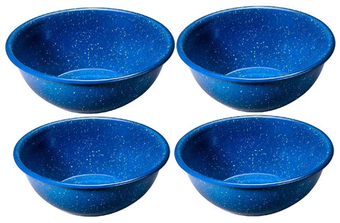 Six Inch Enamel Camping Bowls 4 Pack, Lightweight Durable Steel With Classic Blue Speckle Coating, Easy To Clean.