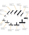 Heat resistant vacuum tubing connectors kit, 113 pcs, 12 sizes for car maintenance, shows straight, tee, reducer connectors, temperature rated 240C/460F.