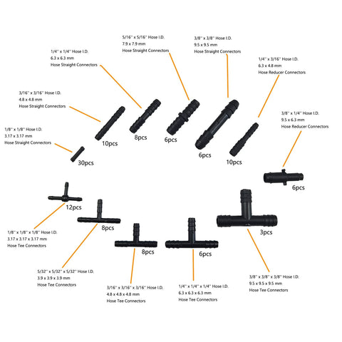 Heat resistant vacuum tubing connectors kit, 113 pcs, 12 sizes for car maintenance, shows straight, tee, reducer connectors, temperature rated 240C/460F.
