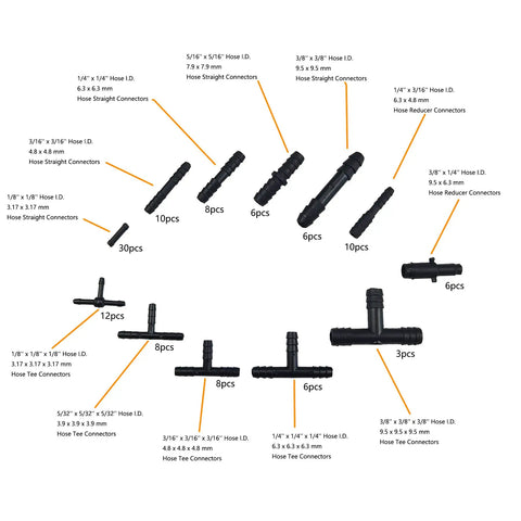 Go-To Silicone Vacuum Hose Kit 6 Pack With 5ft Tubing In 1/8 To 3/8 Inch Diameters And 113 Nylon Connectors assortment displayed
