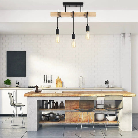 Cozy Rustic Wood 3 Light Ceiling Light Fixture Semi Flush Mount Industrial Farmhouse Lamp in modern kitchen setting