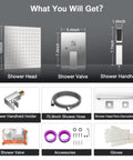 Components of High Pressure 10 Inch Square Rain Shower System With Wall Mount Rain Head Hand Sprayer Rough In Valve Trim Kit
