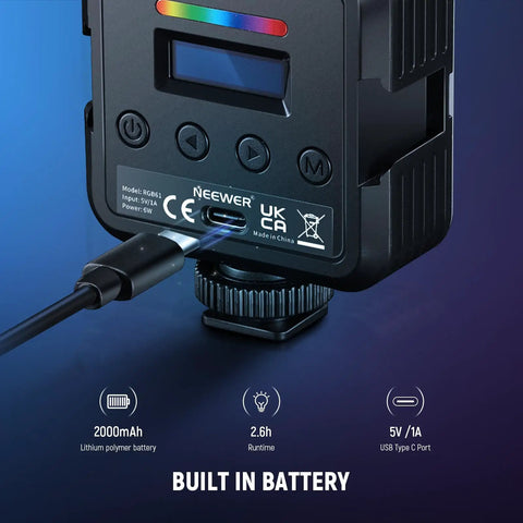 Magnetic RGB Camera Light For Video And Photography, 61 LED Full Color, charging via USB Type C port, built-in battery detail