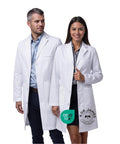 Premium Unisex Lab Coat With Multiple Pockets, Tailored Fit, Button Closure, 39 Inch Length, Size Medium, worn by two people