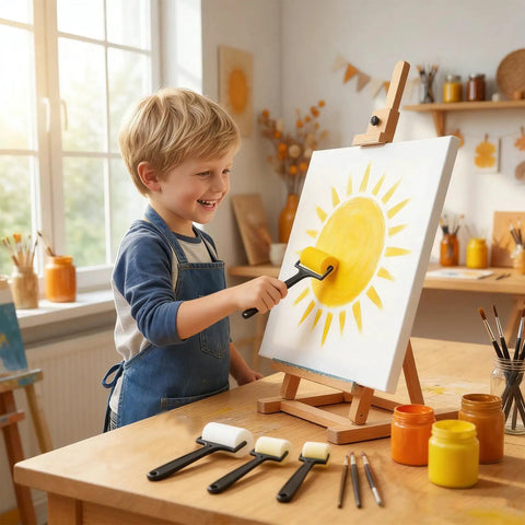 Smiling child using yellow foam roller from 6 Piece Foam Sponge Roller And Brush Set Hella Smooth Kids Painting Tools.