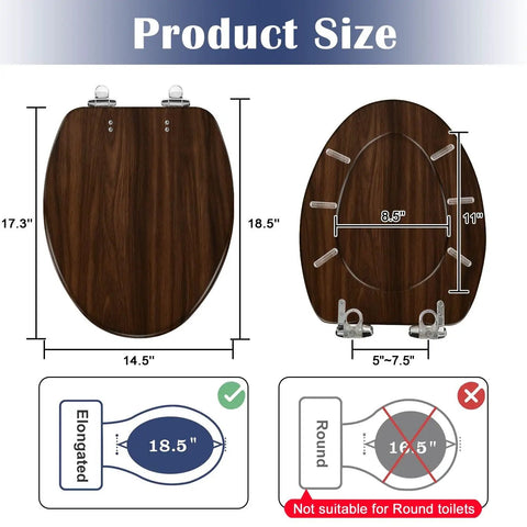 Elongated walnut wood wood grains pictures Toilet Seat showing dimensions and sizes for fitting. Ideal for elongated toilets.