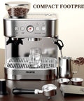 Top Shelf Semi Automatic Espresso Machine Paired With A Dead Silent Conical Burr Grinder And Polished Stainless Steel Milk Frother For Bold Morning Brews Daily on a kitchen counter with glass, and tools.