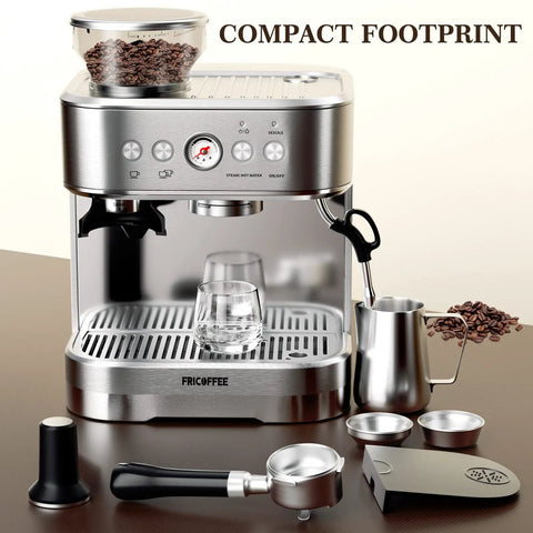 Top Shelf Semi Automatic Espresso Machine Paired With A Dead Silent Conical Burr Grinder And Polished Stainless Steel Milk Frother For Bold Morning Brews Daily on a kitchen counter with glass, and tools.
