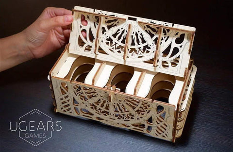 3D Wooden Card Holder Puzzle for Board Games A Sliding Card Case That Holds Up to 12 Decks Perfect for Family Game Night Tabletop and Role Playing Sessions A Mechanical Wood Build Kit for Adults, open wooden card case