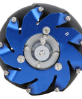 Left blue Mecanum wheel with metal hub and black tire