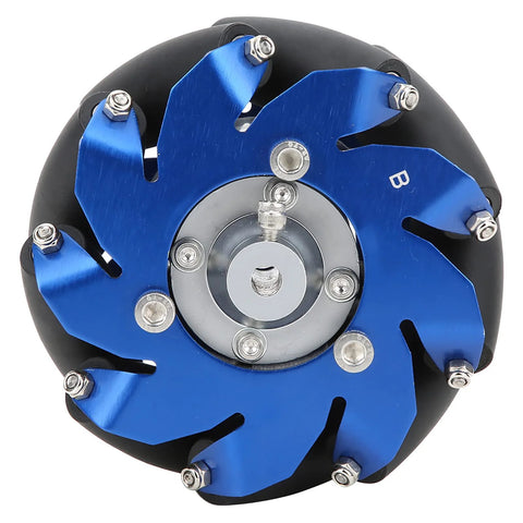 4 inch mecanum wheel for robots with aluminum core and TPU rollers, blue and silver design, ideal for industrial robotic systems
