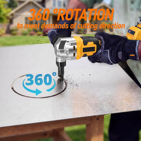 Awesome Cordless Metal Nibbler Compatible With DeWalt 20V Battery cutting stainless steel with 360-degree rotation feature.