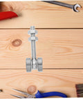 Stainless Steel Sliding Door Pulley With Double Bearings Heavy Duty V Groove Track Roller shown on a wooden surface with tools