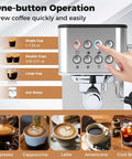 Front view of 20 Bar Espresso Machine With Milk Frother Compact Stainless Steel Coffee Maker with buttons and drink options displayed.