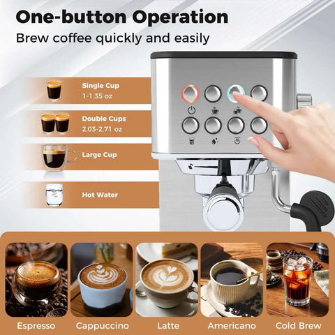 Front view of 20 Bar Espresso Machine With Milk Frother Compact Stainless Steel Coffee Maker with buttons and drink options displayed.