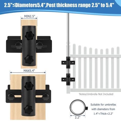 Rugged Deck Railing Umbrella Stand Clamp For Patio Fence Mount Adjustable Post Parasol Holder dimensions diagram.