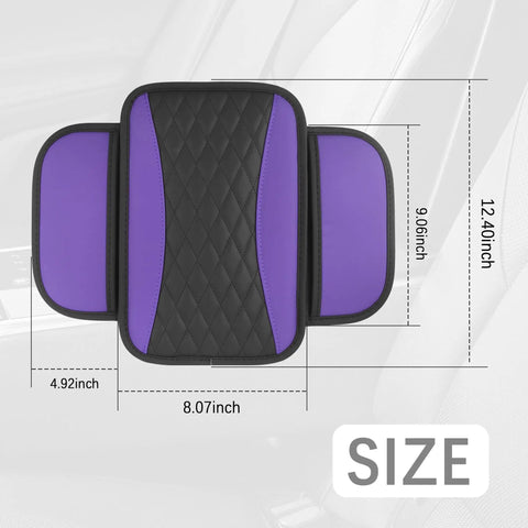 Patchwork Leather Center Console Covers For Cars With Side Storage Pocket And Car Seat Organizer Upgraded Arm Rest Middle Console Protector For Car Interior Stylish Patchwork Design In Purple showing dimensions