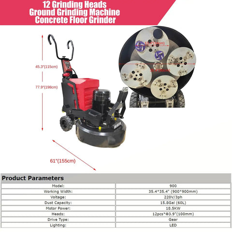 Planetary Electric Concrete Floor Grinder with 12 Grinding Heads, 18.5kW, showcasing dimensions and specifications.