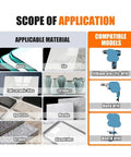 Premium Diamond Coated Hole Saw Bits Set For Drilling Tile Glass Marble Granite And Stone With Cup Shape Design That Provides Smooth Clean Holes Without Chipping Or Cracking While Matching Your Standard Handheld Power Drill For Super Easy Home. application chart for glass, tile, marble, granite, ceramics, quartzite