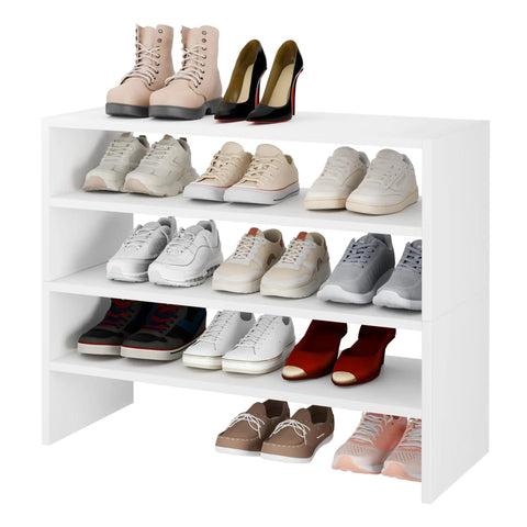Extra Wide Stackable Wood Shoe Rack 28 Inch Two Shelf Storage Organizer Holds Nine Pairs Game Changing Closet Setup No Sweat Assembly Built Tough Storage For Entryways Hallways Or Garages White Two Pack