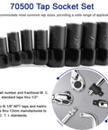 Tap Socket Set For One Quarter Inch And Three Eighth Inch Drive Pro Grade Fits Fractional MCTI Standard Taps Through One Half Inch And One Eighth NPT Taps Plus Metric Taps Through Twelve Millimeter Eight Piece Kit shown in black with various sizes labeled #1 to #8.