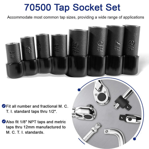 Tap Socket Set For One Quarter Inch And Three Eighth Inch Drive Pro Grade Fits Fractional MCTI Standard Taps Through One Half Inch And One Eighth NPT Taps Plus Metric Taps Through Twelve Millimeter Eight Piece Kit shown in black with various sizes labeled #1 to #8.
