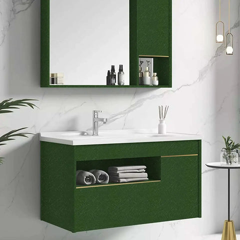 Green bathroom cabinet with mirror, styled using White Peel And Stick Wallpaper 15.7 By 118 Inches Self Adhesive Embossed Textured Vinyl Film
