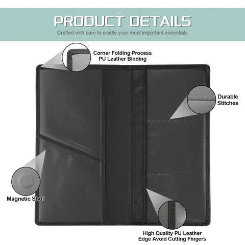 Open black PU leather car registration and insurance holder with magnetic closure showing compartments for docs and cards. Car Registration And Insurance Holder With Magnetic Closure For Docs Cards And License, Durable PU Leather Car Doc Organizer For Glove Box, Waterproof, Scratch Resistant, Black.