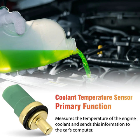 Coolant temperature sensor and green coolant bottle in engine bay; brass tip, green housing.
