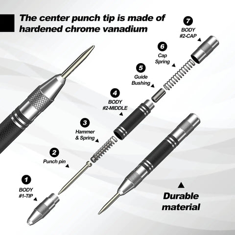 Diagram of Two Pack Automatic Center Punch 5-Inch Built Tough Steel Spring-Loaded Center Hole Punch with Adjustable Tension Tool parts