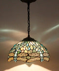 Sea Blue Stained Glass Dragonfly Tiffany Pendant Light Fixture With 12 Inch Shade And 24 Inch Chain, illuminating a room