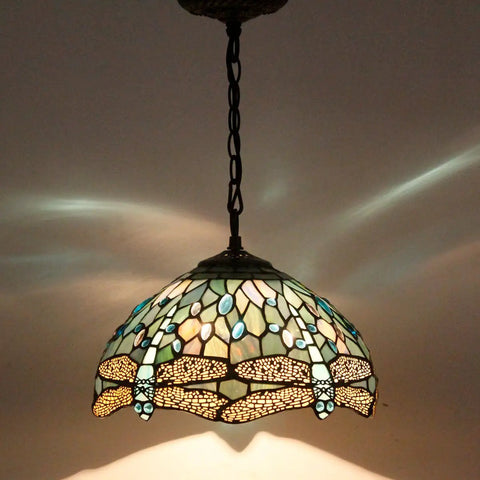 Sea Blue Stained Glass Dragonfly Tiffany Pendant Light Fixture With 12 Inch Shade And 24 Inch Chain, illuminating a room