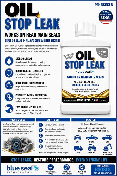 BlueSeal Oil Stop Leak 8 Ounce Engine Oil Additive for Gas and Diesel, non-clogging, made in USA, fixes rear main seals.